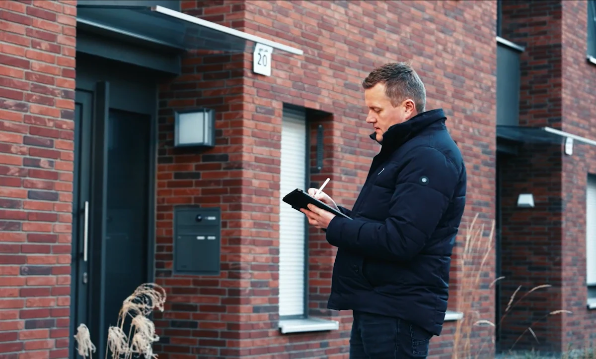 Immobilienexperte begutachtet ein Wohnhaus von außen und macht Notizen – Besichtigung einer Immobilie zur Bewertung.