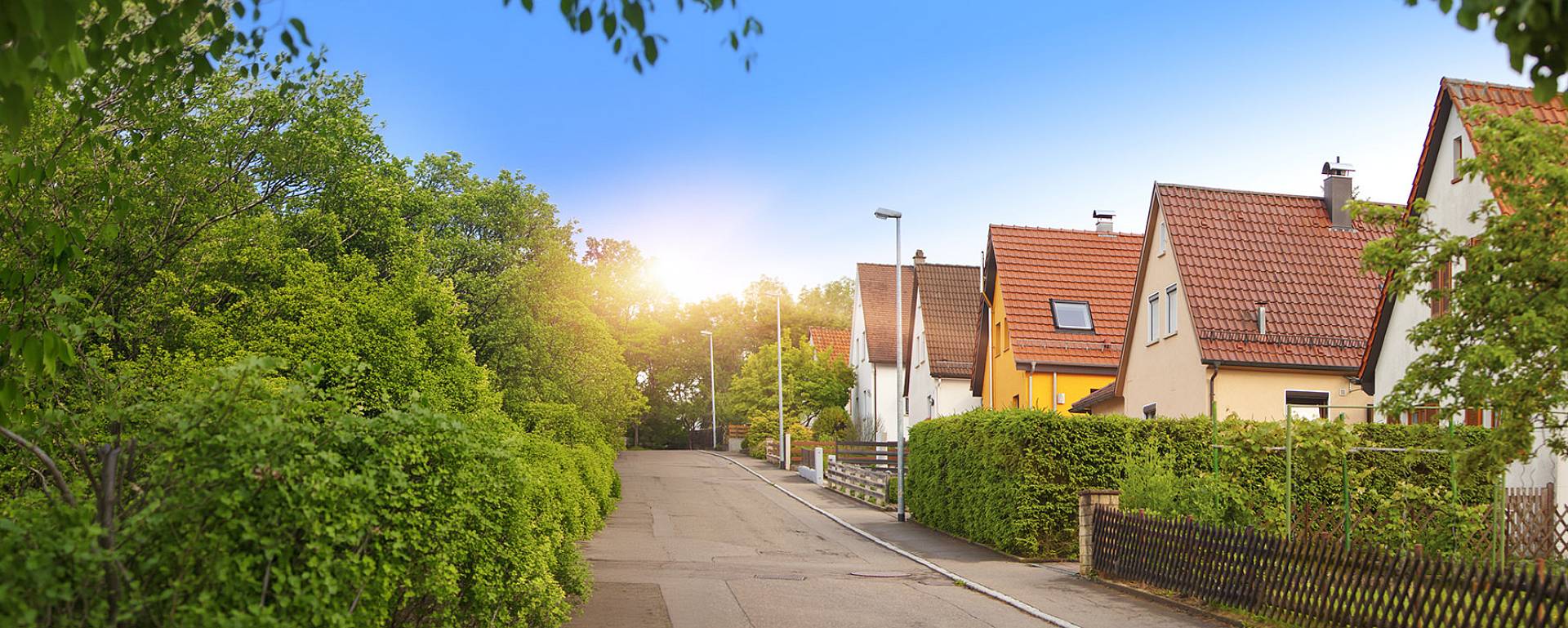 Wohnstraße mit Einfamilienhäusern und begrünten Grundstücken in Bayreuth bei Abendlicht